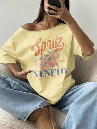 Flirla Plus Size Women Summer Loose Asymmetrical Neck Cocktail Fruit Orange Y2K Graphic Oversized T-Shirt