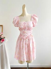 SHEIN VCAY Vestido de verano elegante de manga corta con cuello cuadrado, volantes y estampado floral