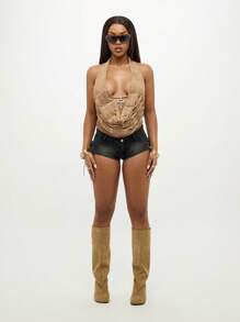 SUMWON WOMEN Atasan Halter Asimetris Berkerut dengan Hiasan Salib, Cocok untuk Pesta Festival, Klub, Acara Malam Hari, Atasan Berlipit dengan Desain Leher Kerah. - Khaki - View 4