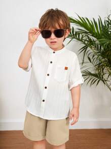 Loomiva 男童休閒和校園風格舒適透氣襯衫捲袖和短褲套裝