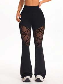 SHEIN Sports Solid Color High Waisted Flared Leg Sports Pants With Mesh Patchwork - Black - View 2
