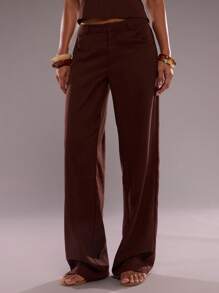 SHEIN BAE 女式休闲纯色直筒裤 - 鏽棕色 - 查看 3