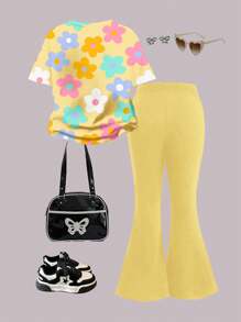 SHEIN 2 件套：女孩休闲卡通图案圆领短袖上衣和喇叭裤套装，适合夏季 - 彩色 - 查看 2