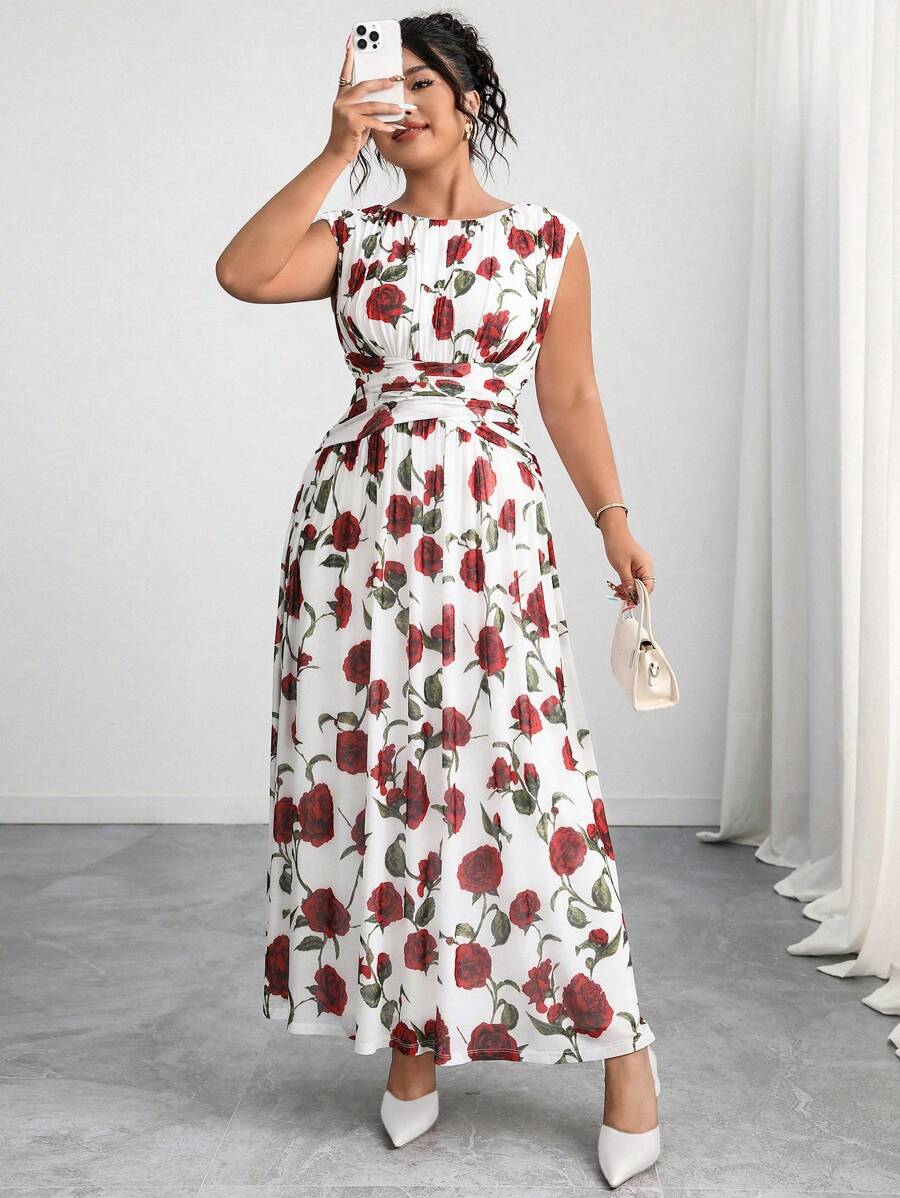 Modelyn Plus Size Women Floral Print Waist Crossed Elegant Dress - Multicolor - View 1