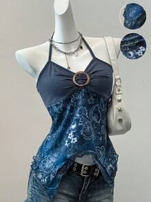 SHEIN EZwear Top sin espalda con cuello de halter y estampado retro de malla, para concierto de verano en el campo
