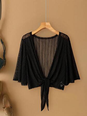 Linhara Plus Size Dam Elegant Spetsnät Transparent Halärmad Lätt Strand-/Semesterkofta