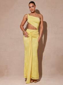 Silquee Women's Cream Yellow Sexy Hollow Asymmetric Neckline, Ribbon Dress, Vacation, Women's Vacation Wear, Beach Vacation Wear, Women's Vacation Wear - Yellow - View 3