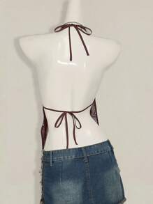 SHEIN ICON Women's Sexy Y2K Sequin Mesh Open Back Halter Neck Top - Coffee Brown - View 2