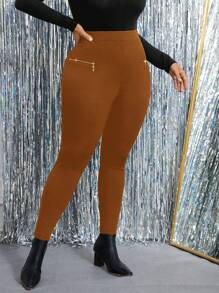 SHEIN Clasi Leggings elásticos de unicolor con cremallera decorativa talla grande para mujer