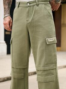 Manfinity Roughcore Men's Letter Patch Cargo Pockets Casual Wide Leg Denim Jeans - Army Green - View 2