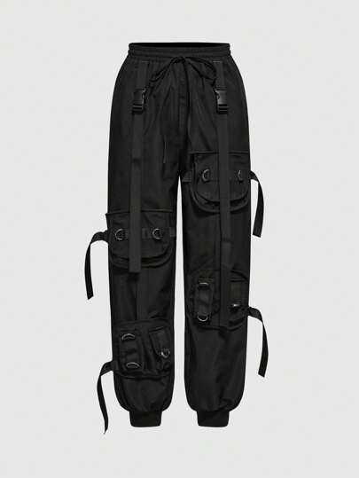 Grunge Punk Y2K Style rétro fonctionnel Pantalon long pour femmes avec décoration de poche 3D, taille élastique ajustable avec cordon de serrage