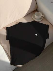 Comfortcana Camiseta casual de manga corta y cuello redondo holgada para mujer, con estampado de logo de caballo, adecuada para el verano