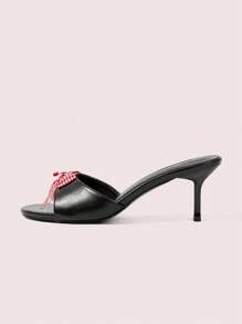 CUCCOO DOLLMOD Black PU + Red & White Plaid Bow Cherry Detail Stylish Cute Slip-On Closed Toe High Heel Sandals