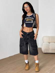 SHEIN 女式宽松阔腿休闲牛仔短裤，带刺绣和口袋