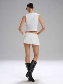 LYSMO Women's Solid Color Single Breasted V-Neck Cropped Bubble Top - White - View 2