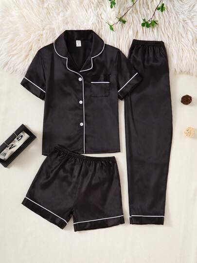 SHEIN Set de 3 piezas de pijama para niñas con recorte de contraste en unicolor de seda sintética