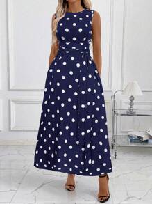 SHEIN Clasi Women's Floral Print Round Neck Bowknot Waist Pocket Loose Casual Polka Dot Maxi Dress, Summer Clothing - Navy Blue - View 5