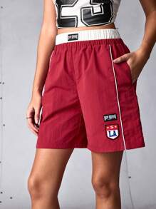 SHEIN Sports Pantaloni scurți sport casual cu autocolante simple pentru femei, pentru antrenament atletic - roșu - Vizualizare 2