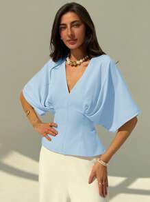 Aloruh 优雅纯色套头短袖休闲衬衫，背部蝴蝶结，简约设计，适合办公室/通勤穿着 - 淺藍色 - 查看 8