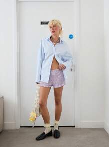 COUREZ Quần short siêu ngắn nhún bèo kẻ caro / Phong cách Y2K, quần short mùa hè, quần short vintage - Màu tím hoa cà - Xem 2