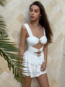 Aloruh Women's Sexy Open Back Layer Hollow Metal Button White Cake Skirt Jumpsuit, Suitable For Spring/Summer Vacation - White - View 3