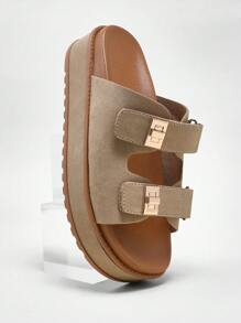 Solezae #LuxeEssentials Women's Golden Locker Double Strap Sleek Taupe Footbed Platform Slide Sandals – Chic, Casual & Ultra Comfortable Mother's Day Present - Beige - View 1