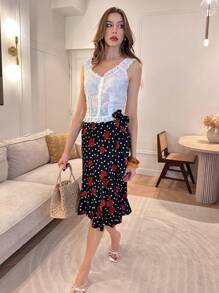 Chiquease Jupe mi-longue décontractée, romantique et vintage pour femme, avec imprimé à pois et fleurs, pour l'été