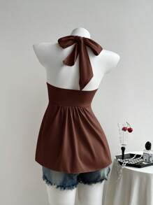 Comfortcana Áo ba lỗ cổ yếm thiết kế thắt nút xoắn thời trang dành cho nữ màu nâu, mùa hè - màu nâu - Xem 2