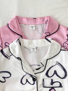 4pcs/Set Young Girl Heart Print Turndown Collar Faux Silk Casual Home Set With Shorts Satain Heart Print Pajamas Sets Girls Clothes Set Teen Girl Shirts Summer Sets Blind Box Pride