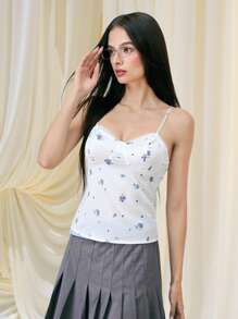 SHEIN MOD 女士碎花褶皱度假吊带背心，返校季、夏季、度假、海滩、浪漫约会、Y2K风格、毕业典礼、婚礼、返校季、甜美浪漫乡村风上衣 - 白色 - 查看 7