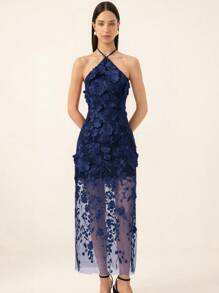 Aveloria Rosie 全新优雅法式时尚简约花卉 3D 面料露背修身连衣裙，精致优雅，适合婚礼和约会 - 藏蓝色 - 查看 4