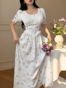 Modelyn Spring/Summer Puff Sleeve Round Neck Lace Trim Slim Fit Flare Hem Dress - Multicolor - View 4