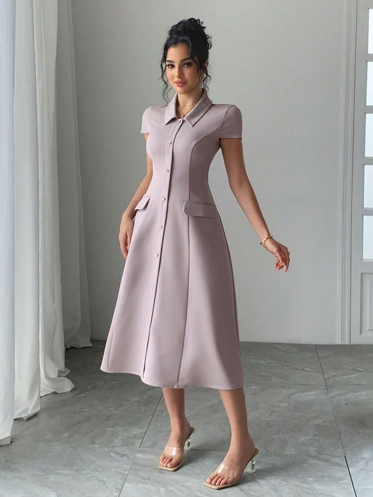 Women Summer Short Sleeve Polo Collar Cinched Waist Mid-Length Dress