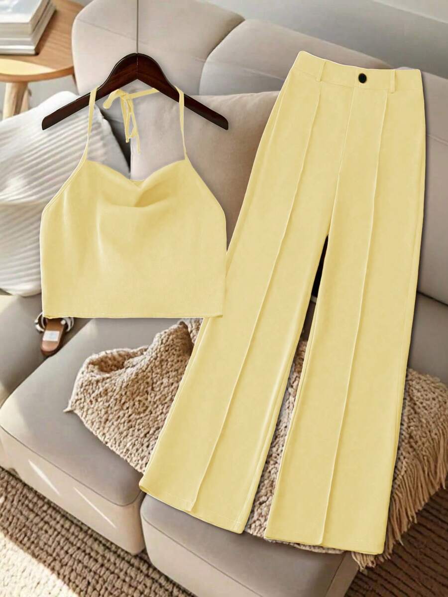 Franclia Conjunto de 2 piezas de verano para mujer, top halter sin espalda de unicolor y pantalones