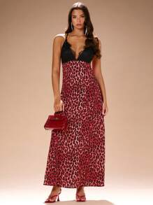 Glamine Rochie cu decolteu în V adânc din dantelă și imprimeu leopard, fără spate, vară - Multicolor - Vizualizare 4