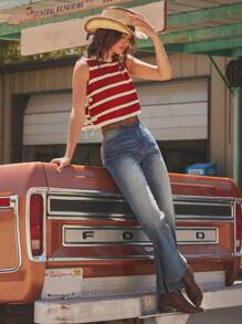 WESTFADE Round Neck Bow Tie Sides Striped Sweater Knit Crop Top Cute Boho Top, Fall Back To School Clothes, Western Wear For Women, Autumn, Winter, Casual - Red and White - View 3