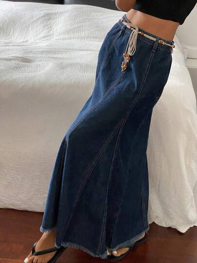 Livesso 西部牛仔风亚麻绳腰开衩休闲度假半身裙，女士夏季牛仔裙