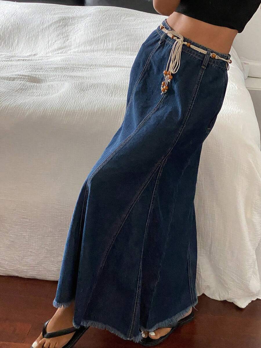 Livesso 西部牛仔风亚麻绳腰开衩休闲度假半身裙，女士夏季牛仔裙 - 藍色 - 查看 1