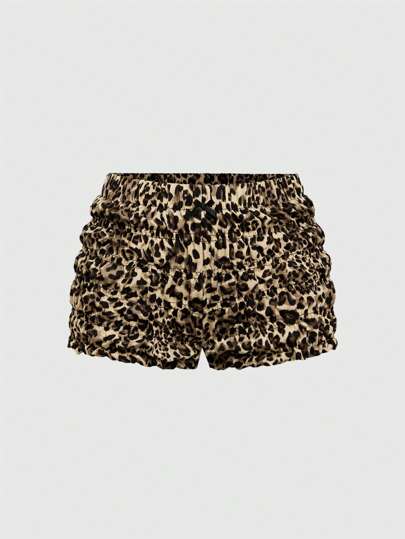 ROMWE Avant Women's Leopard Print Ruffle Detail Shorts With Bow Accent