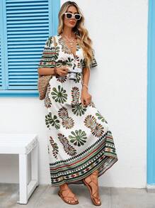 Vivid Eden Women's Summer Vacation Bohemian Print V-Neck Short Sleeve Boho Long Dress ,Summer Dress With Sleeves, Women Vacation Dress, Bohemian Summer Dress,Summer Dresses For Women, Beach Outfits For Women,Vacation Outfits, Women Summer Clothing,Women Sun Dress,Country Outfits Women,Fall Women Clothes