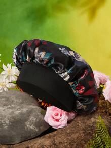 Frida Kahlo X SHEIN Gorro de cuidado del cabello de doble capa mejorado, gorro para dormir con amplio elástico con cara de satén, suave y cómodo, adecuado para uso diario en el hogar y para dormir, negro con estampado floral