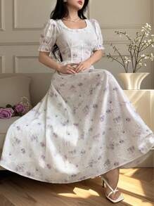 Modelyn Spring/Summer Puff Sleeve Round Neck Lace Trim Slim Fit Flare Hem Dress - Multicolor - View 3