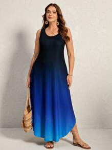 Comfylo Vestido de tirantes casual de mujer talla grande con cuello redondo y degradado de color, vestido de invitada de boda, vestido de playa de verano, conjunto de primavera para mujer, vestido de verano, atuendo de vacaciones, vestido casual de mujer