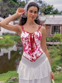 SHEIN 1pc Women Floral Print Eyelet Lace-Up Tank Top, Shapewear - Red and White - View 4