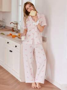 Softscene Pink Plaid & Bow Print Lapel Loose Short Sleeve Pajama Set For Women - Pink - View 5
