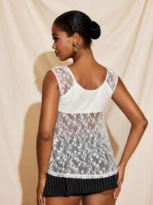 BRDY Elegant Lace Ribbon Tie Short Sleeve Top Women Summer Sexy Transparent Lace Top - White - View 2