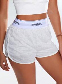 SHEIN Sovereign Charm 双色字母印花松紧腰休闲运动短裤，夏季女士跑步短裤健身短裤 - 彩色 - 查看 3