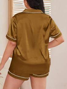 Plus Size Contrast Trim Short Sleeve Shirt And Shorts Pajama Set ,Vacation