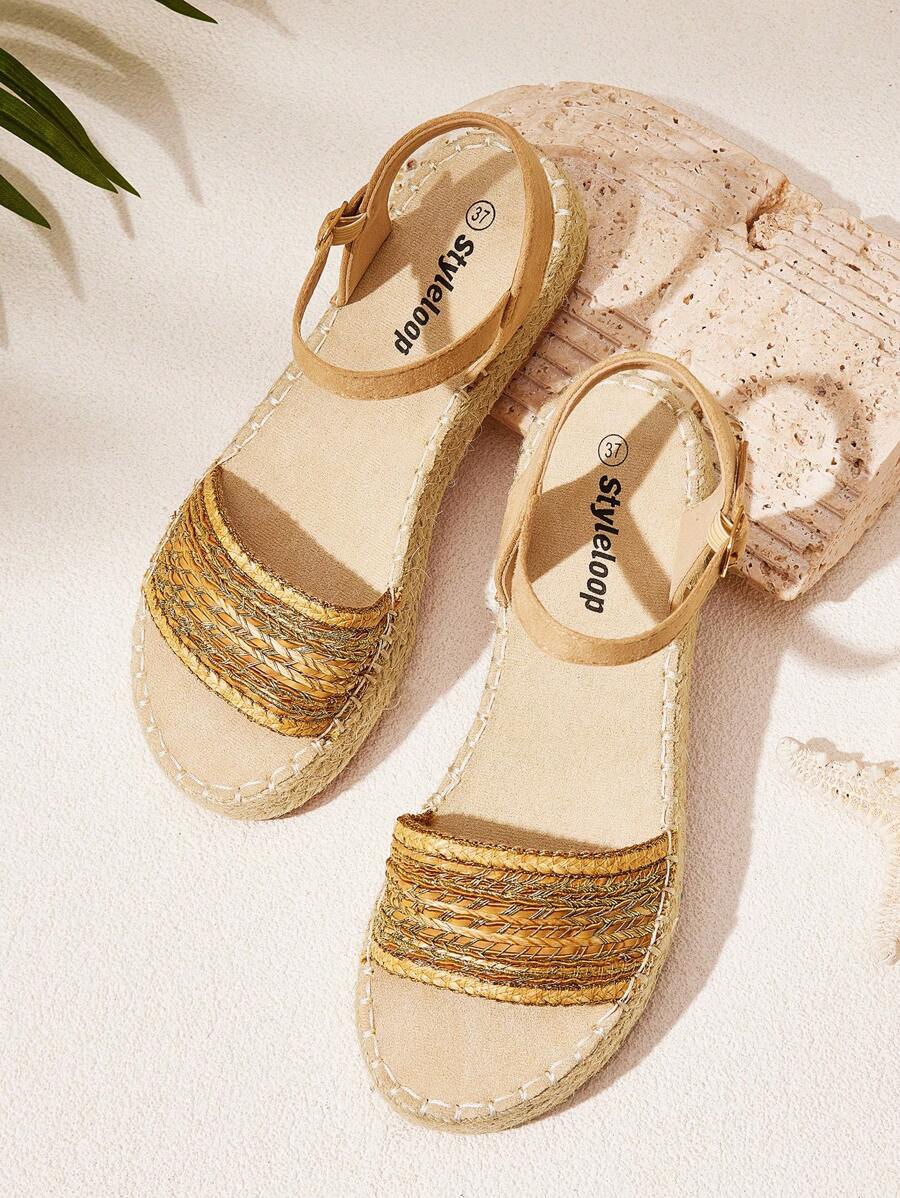 Styleloop 女式编织带黄麻底平底凉鞋，波西米亚风格，适合夏季度假穿着 - 駝色 - 查看 1