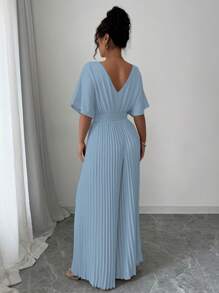 Elenzga Combinaison élégante pour femme, couleur unie, col en V profond, manches chauve-souris plissées